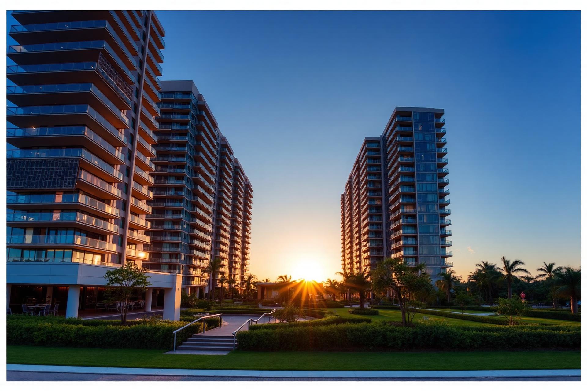 Condomínio residencial moderno ao entardecer